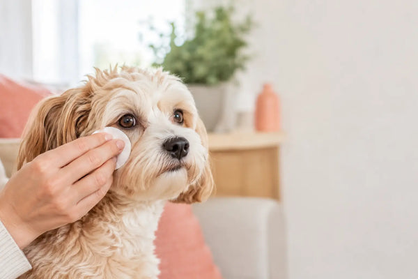 Gently wiping a small dog's eye area with a soft cotton pad