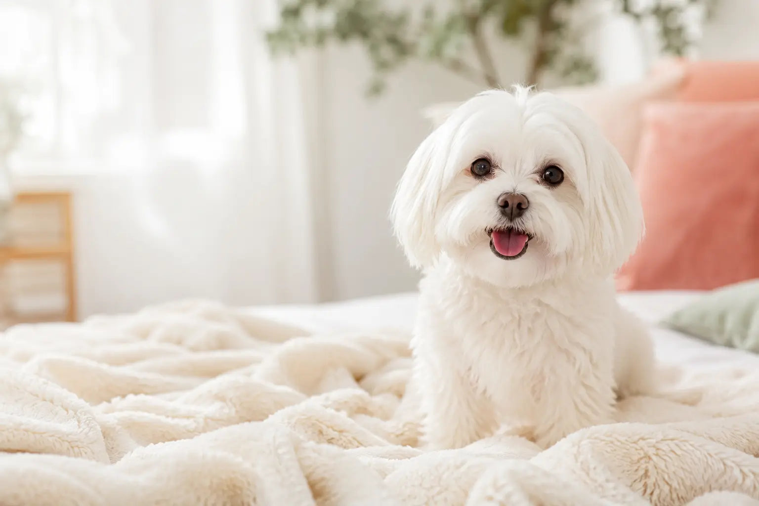 Happy white Maltese with clean, bright eyes on a cream blanket
