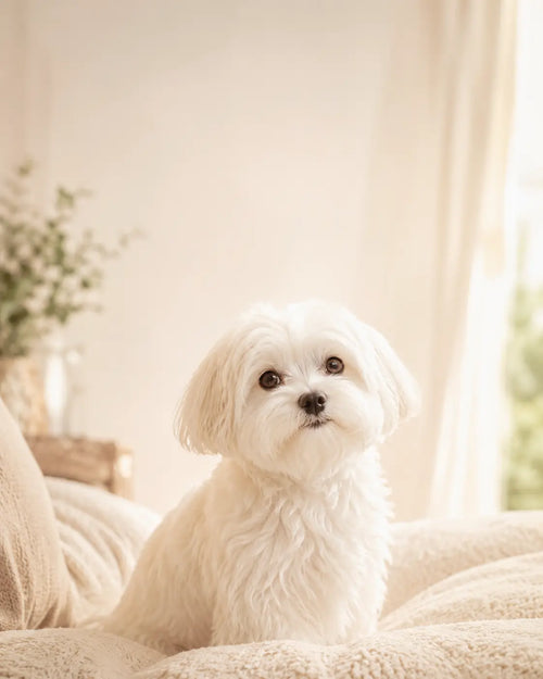 Happy white Maltese with clean, bright eyes after using Kinveta pet eye wipes