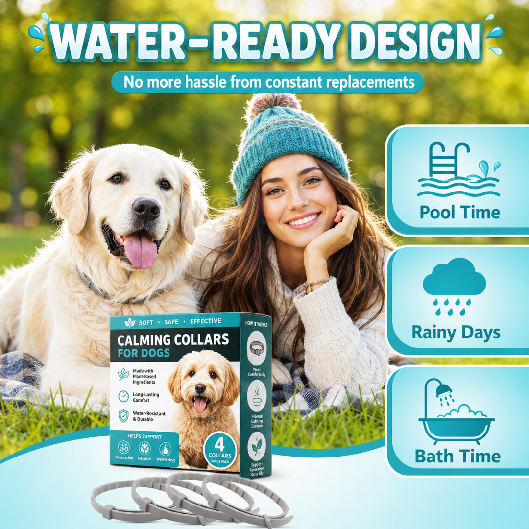 Waterproof Nuzzle calming collars shown with pool, rainy day and bath time icons