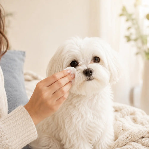 Gently wiping a white Maltese's tear-stain area with a Kinveta eye wipe