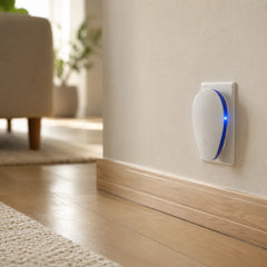 Ultrasonic pest repeller plugged into a living room wall outlet